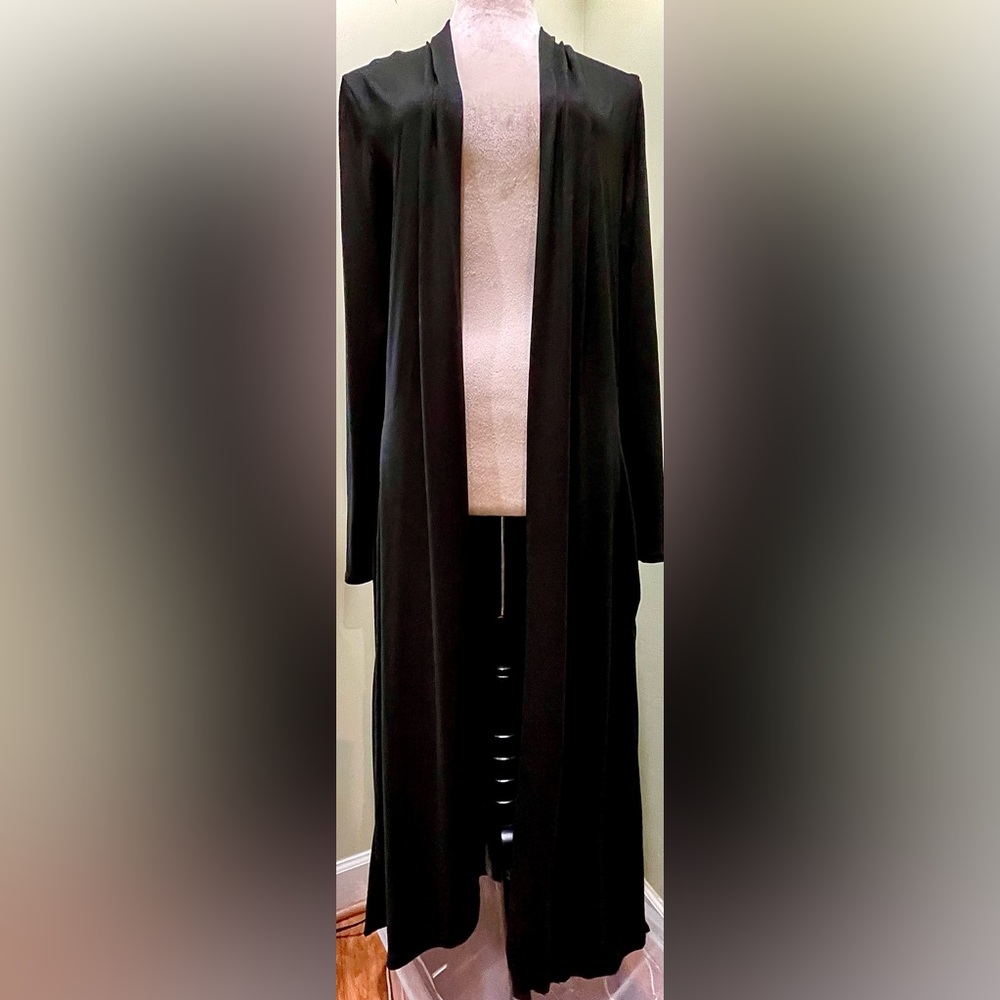 Sleek Black Longline Duster Cardigan – Lightweight Jersey Knit, Open Front